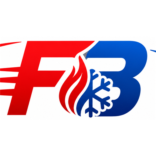 FastBreak Heating & Cooling logo: a red-and-blue FB monogram with flame and snowflake icons